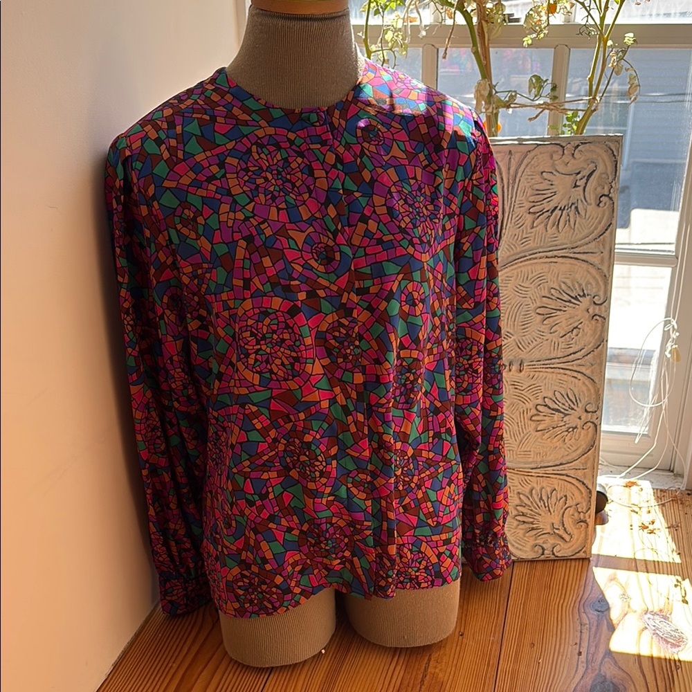 Vintage Multicolor Geometric Print Women’s Blouse